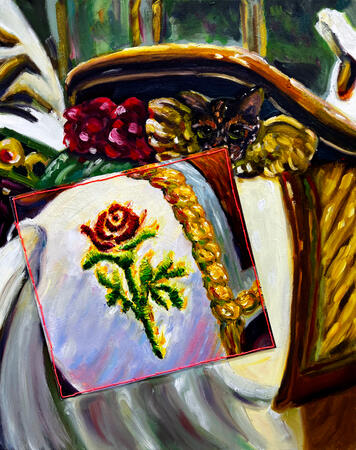 an experiment combining stitch work with oil painting
