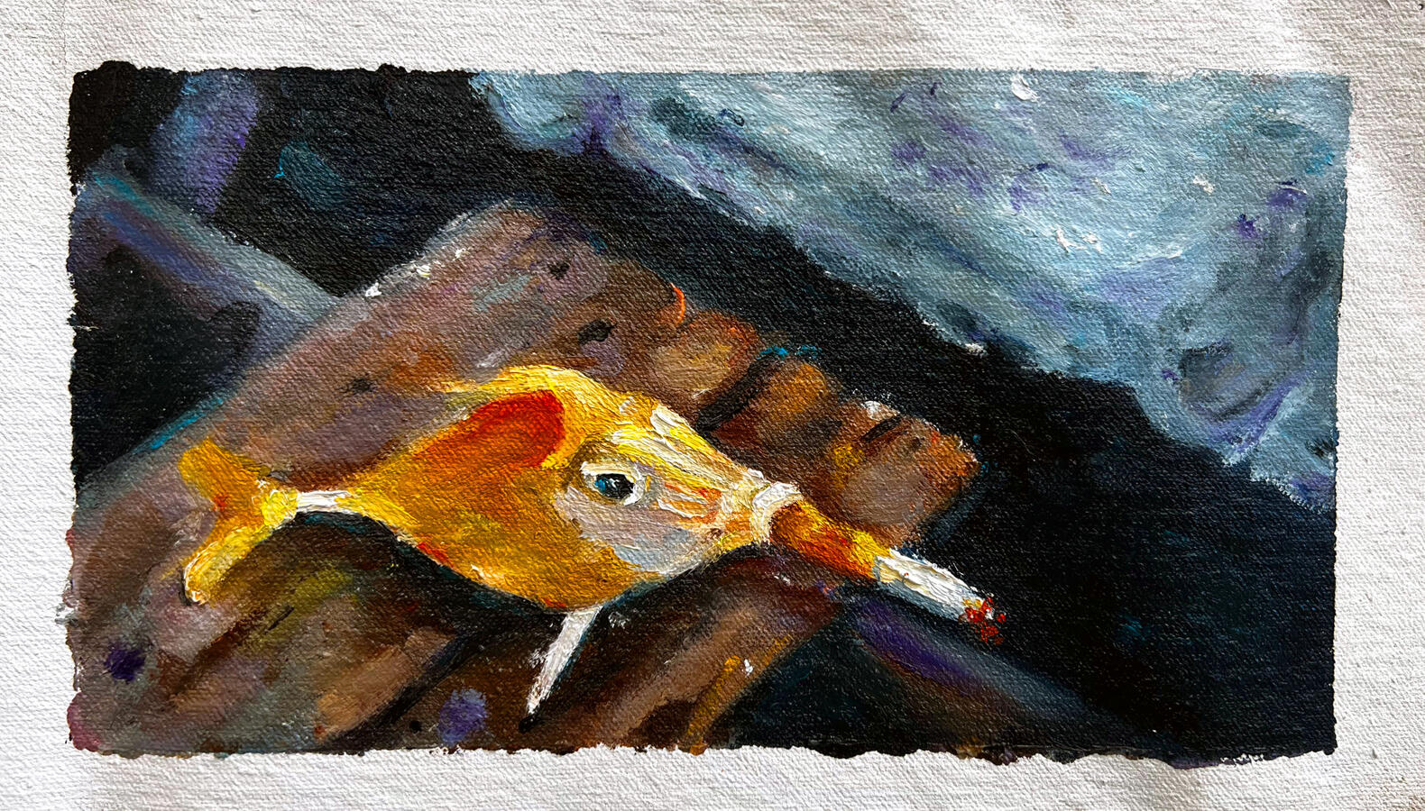 smoked salmon, 5.5" x 10.5", oil on unstretched canvas, 2024